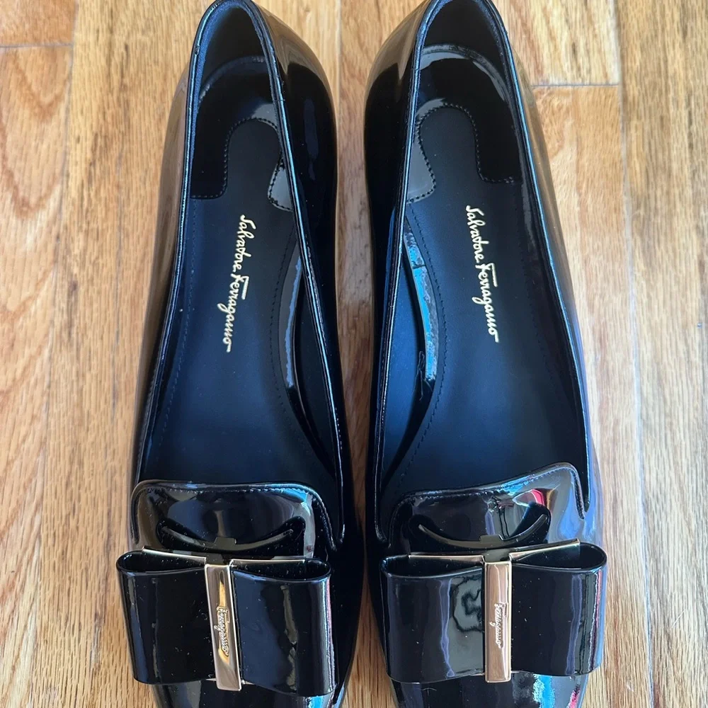 Salvatore Ferragamo Black Patent Leather Loafers with Gold Buckle - Picture 4 of 7